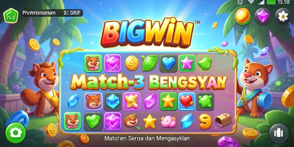 Tangkapan layar gameplay BIGWIN dengan kombinasi warna-warni objek Match-3.