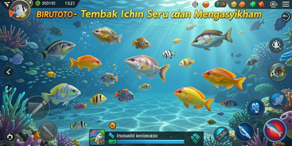 Tampilan gameplay seru BIRUTOTO saat menembak ikan di lautan.