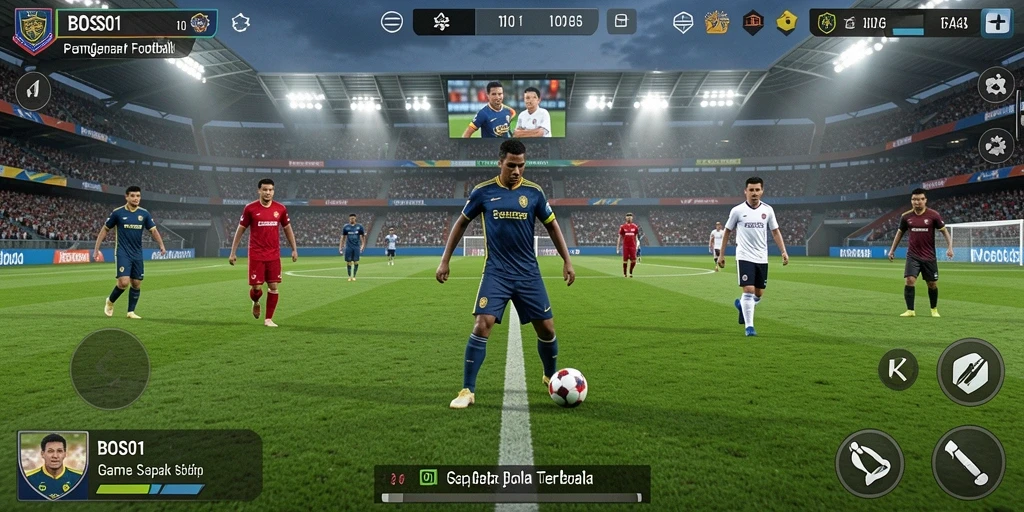 Tampilan gameplay BOS01 yang menampilkan aksi seru di lapangan sepak bola.