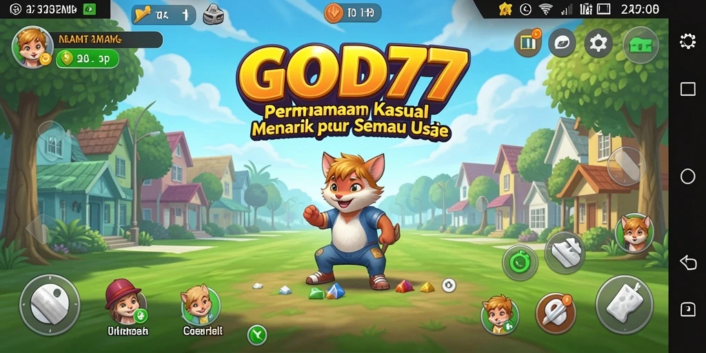 Tampilan utama gameplay GOD77 dengan karakter menarik dan desain level yang cerah.