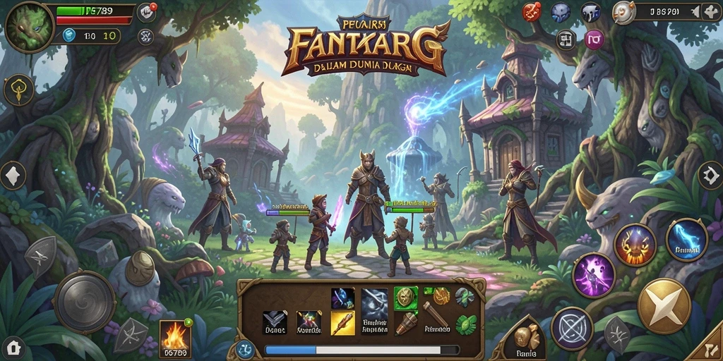 Screenshot utama menampilkan pertarungan epik dalam gameplay RPG.