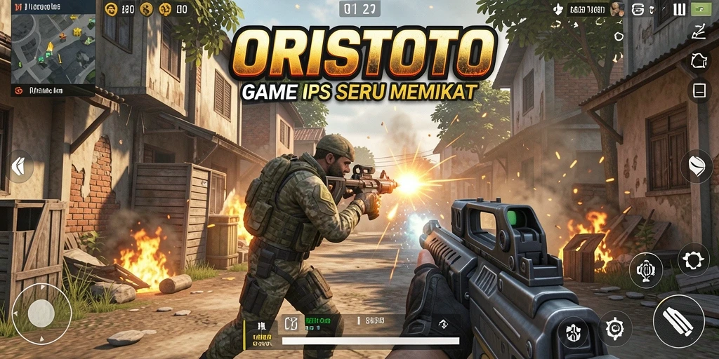 Tampilan gameplay menegangkan dalam ORISTOTO dengan aksi FPS yang intens.