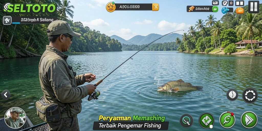 Screenshot utama permainan SELTOTO yang menunjukkan gameplay memancing yang mendebarkan.