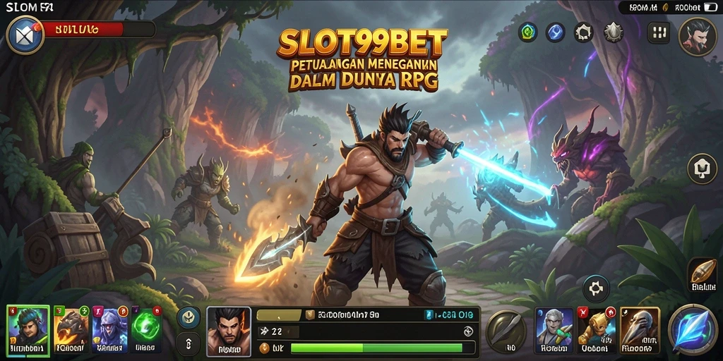 Screenshot utama <strong>SLOT99BET</strong> menunjukkan karakter yang bertarung di dunia RPG fantastis.